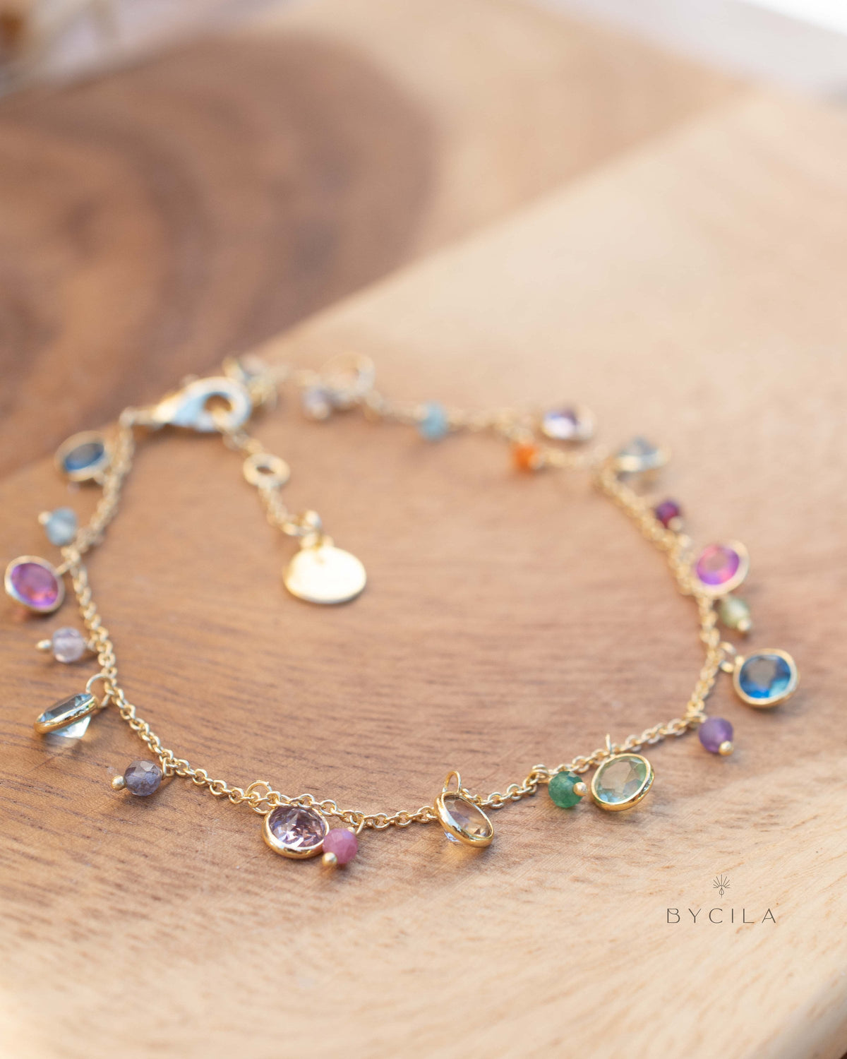 Iolite hydro, Pink Tourmaline hydro, Blue Topaz, Amethyst, Citrine, Green Amethyst Gold Plated Anklet * Handmade* Multi stone BJA001