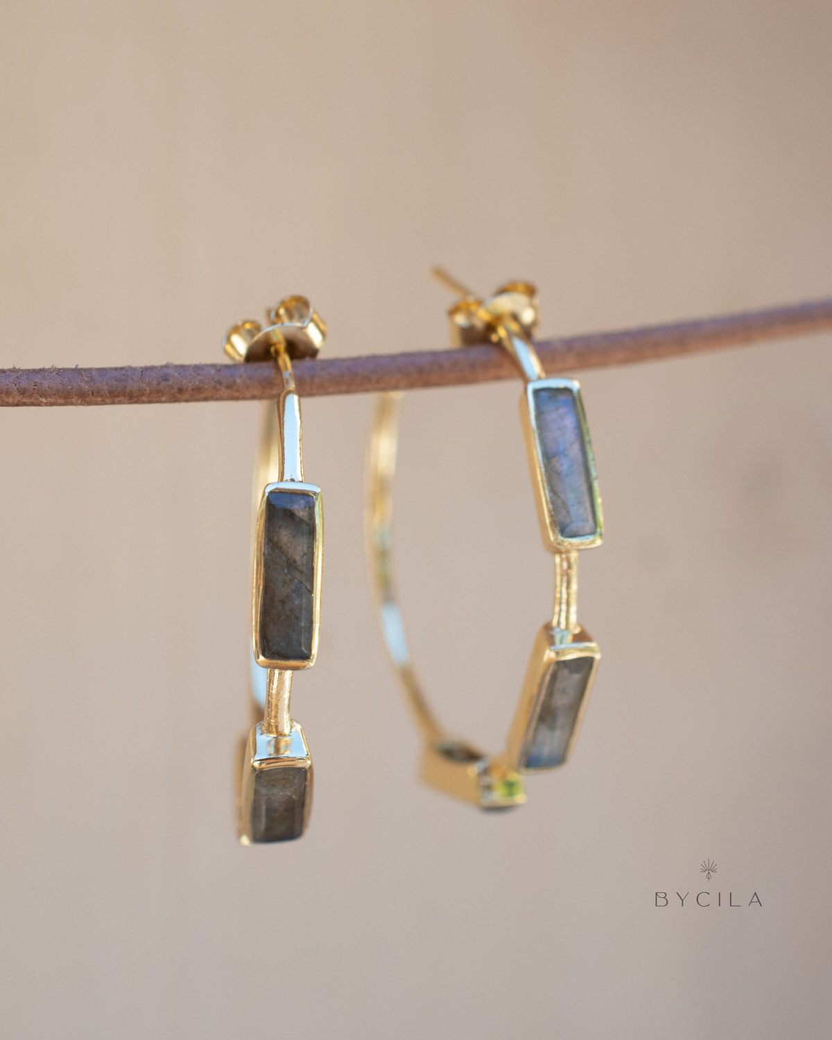 Labradorite Hoop Gold Plated 18k * Stud * Post * Labradorite *Handmade * ByCila *Loop * Perfect gift * BJE236