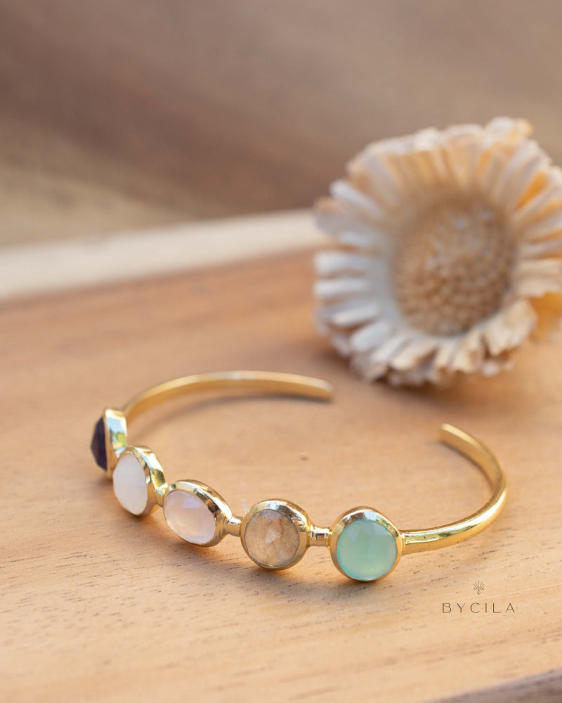 Amethyst, Moonstone, Rose Quartz, Labradorite & Aqua chalcedony Bangle Bracelet * Gold Plated * Gemstone * Adjustable * BJB058