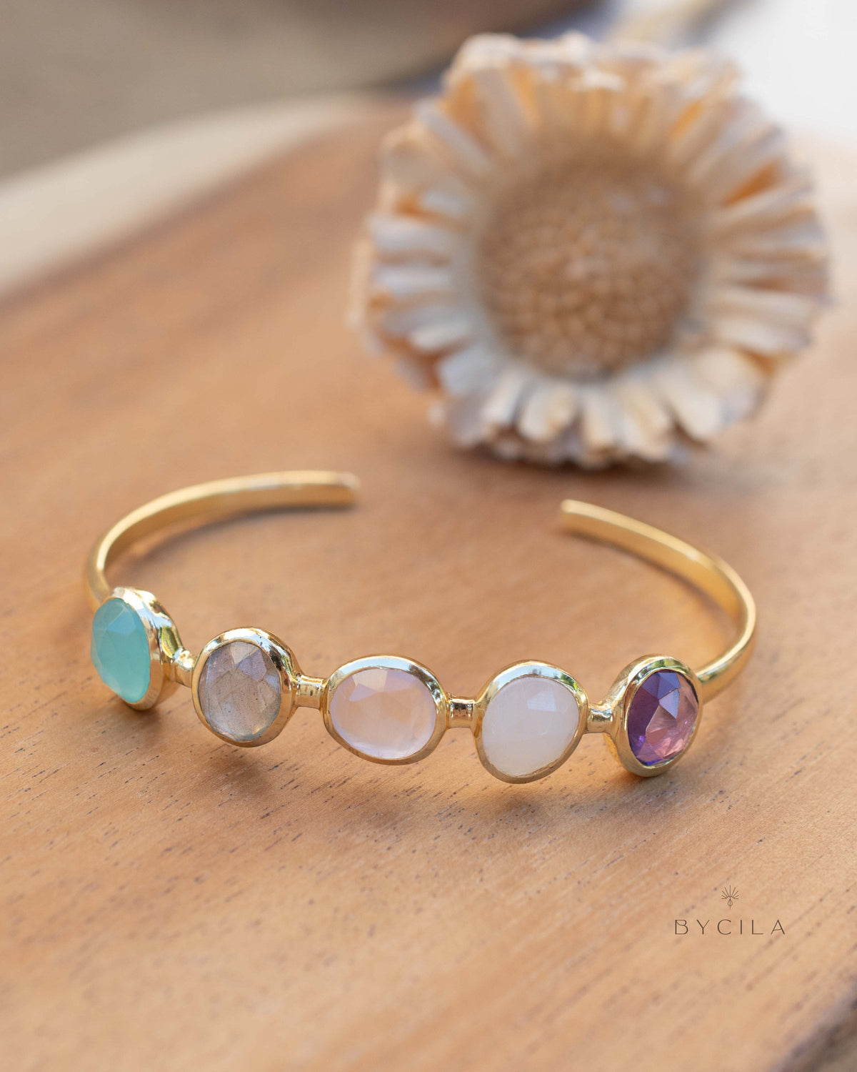 Amethyst, Moonstone, Rose Quartz, Labradorite & Aqua chalcedony Bangle Bracelet * Gold Plated * Gemstone * Adjustable * BJB058
