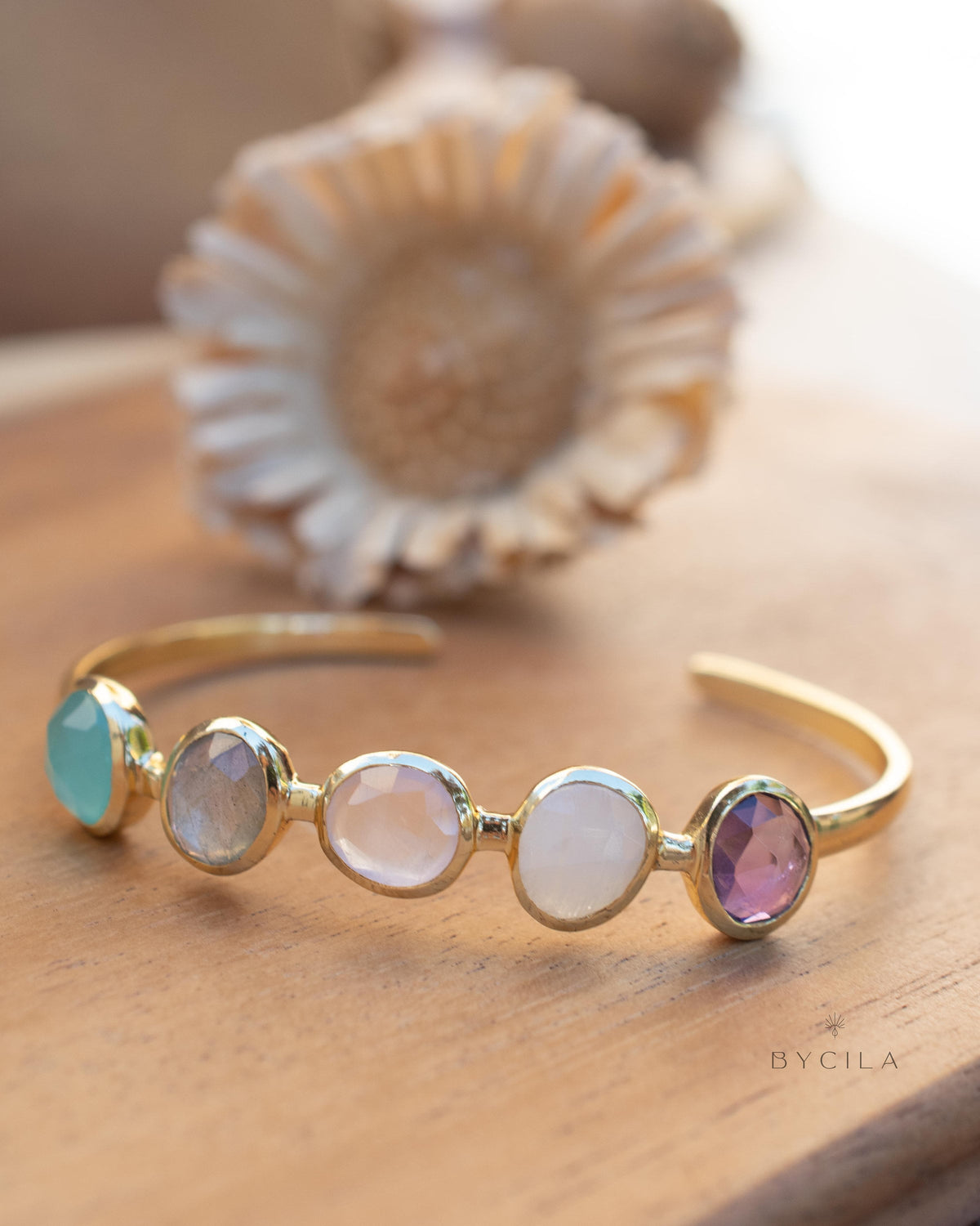 Amethyst, Moonstone, Rose Quartz, Labradorite & Aqua chalcedony Bangle Bracelet * Gold Plated * Gemstone * Adjustable * BJB058