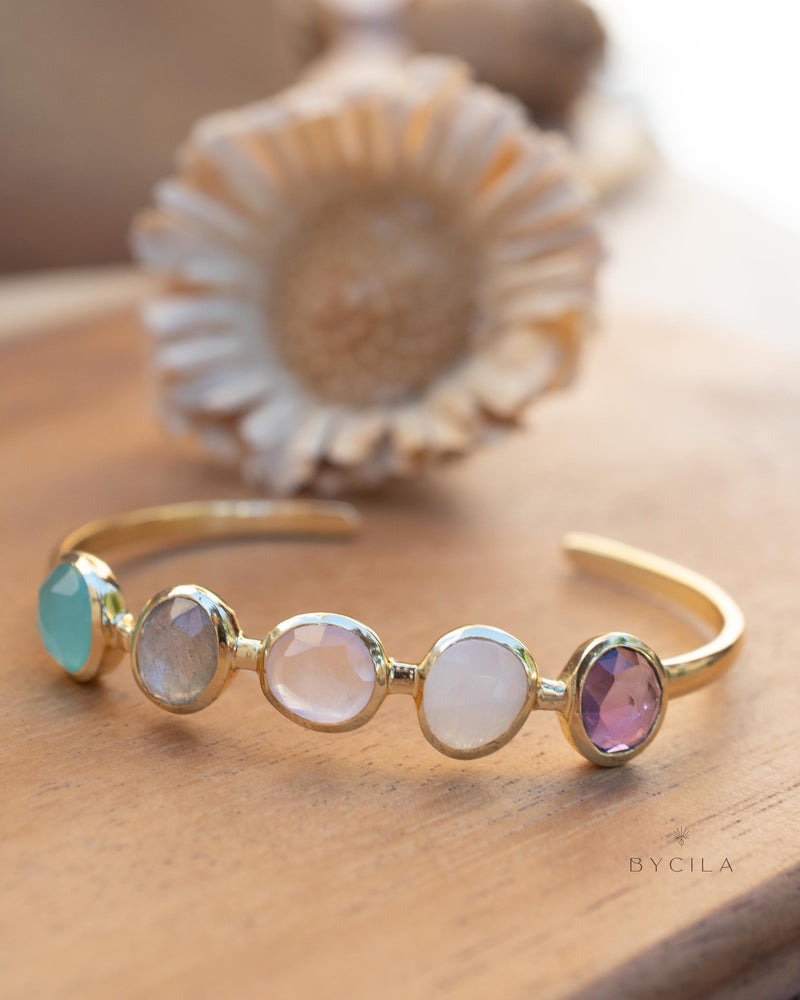 Amethyst, Moonstone, Rose Quartz, Labradorite & Aqua chalcedony Bangle Bracelet * Gold Plated * Gemstone * Adjustable * BJB058