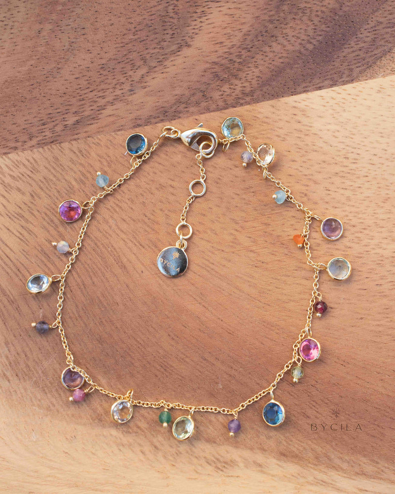 Iolite hydro, Pink Tourmaline hydro, Blue Topaz, Amethyst, Citrine, Green Amethyst Gold Plated Anklet * Handmade* Multi stone BJA001