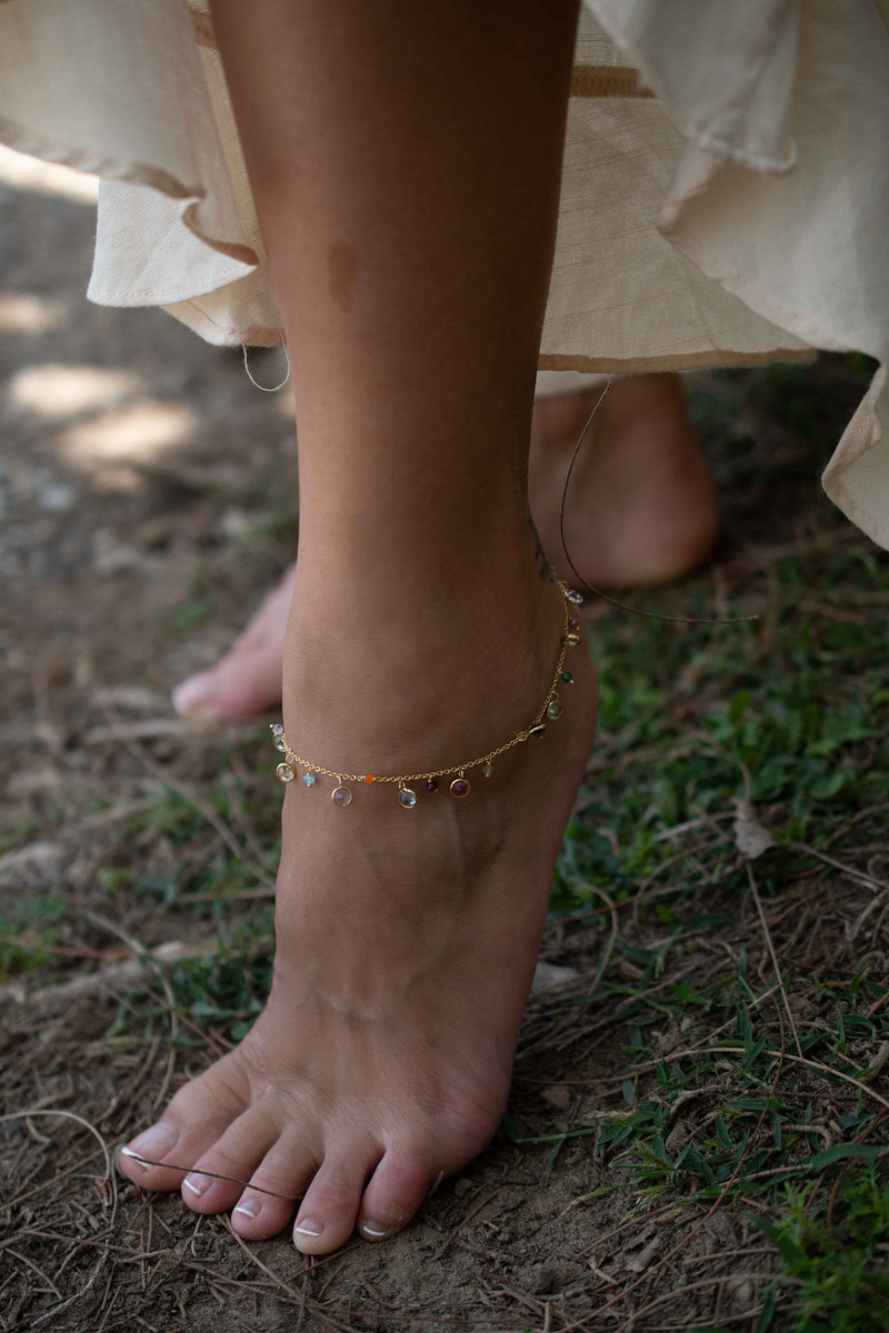 Iolite hydro, Pink Tourmaline hydro, Blue Topaz, Amethyst, Citrine, Green Amethyst Gold Plated Anklet * Handmade* Multi stone BJA001