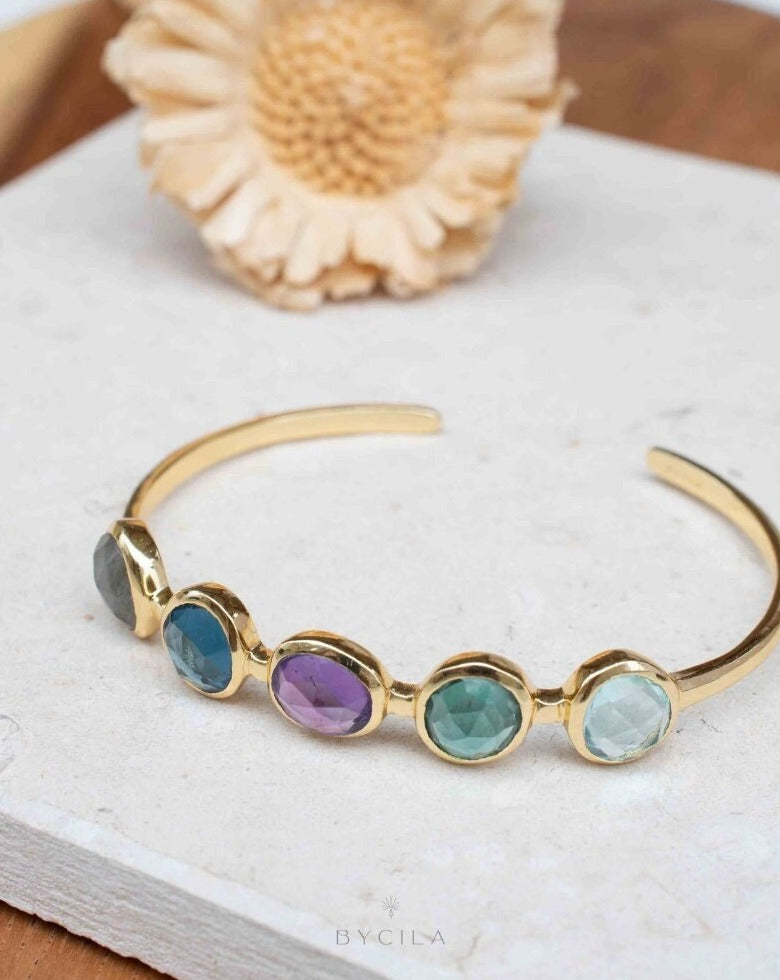 Labradorite, Iolite hydro, Amethyst, Green Tourmaline hydro & Blue Topaz Bangle Bracelet * Gold Plated * Gemstone * Adjustable * BJB057