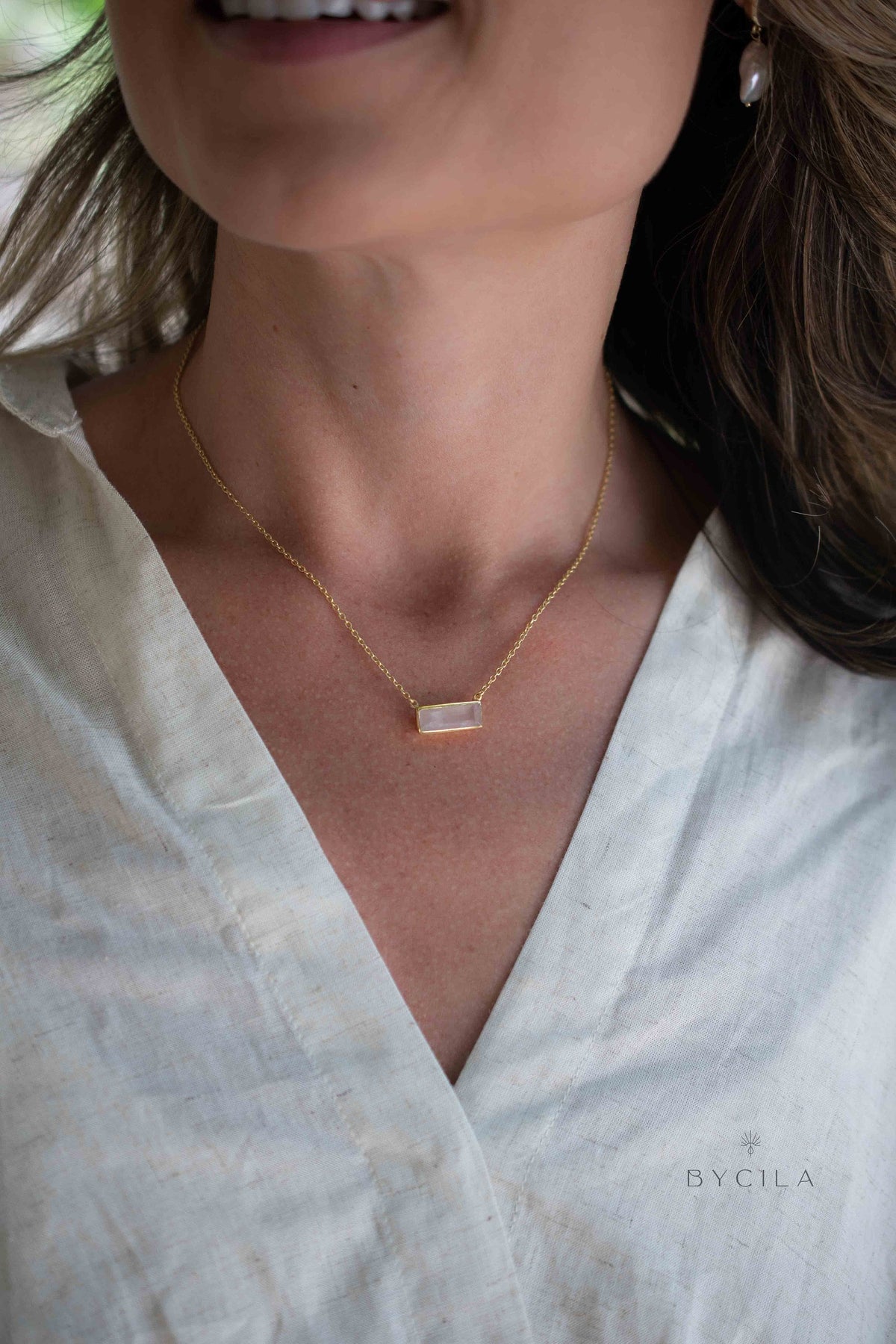 Rose Quartz Rectangle Bar Necklace * Gold Vermeil, Sterling Silver 925 or Rose Gold * Layered * Gemstone * Gift for Her * Elegant * BJN195