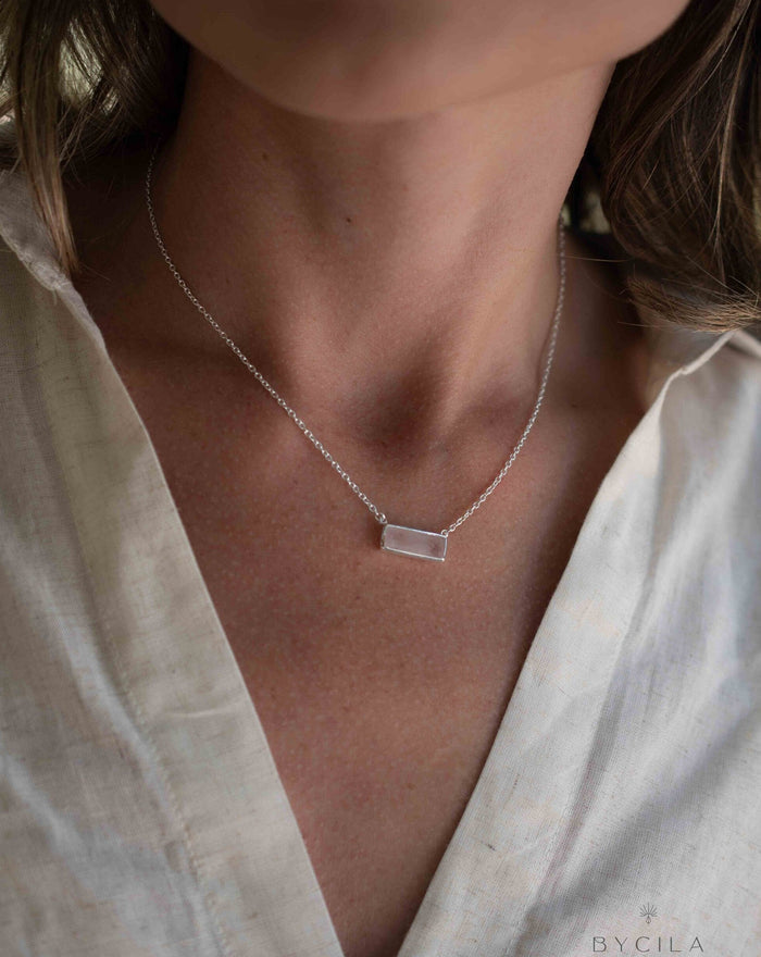 Rose Quartz Rectangle Bar Necklace * Gold Vermeil, Sterling Silver 925 or Rose Gold * Layered * Gemstone * Gift for Her * Elegant * BJN195