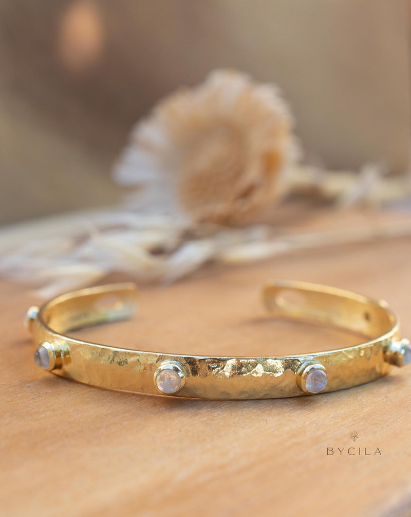 Moonstone Bangle Bracelet * Gold Plated * Gemstone * Gypsy * Hippie * Adjustable * Statement * Stacking * Layering * BJB059